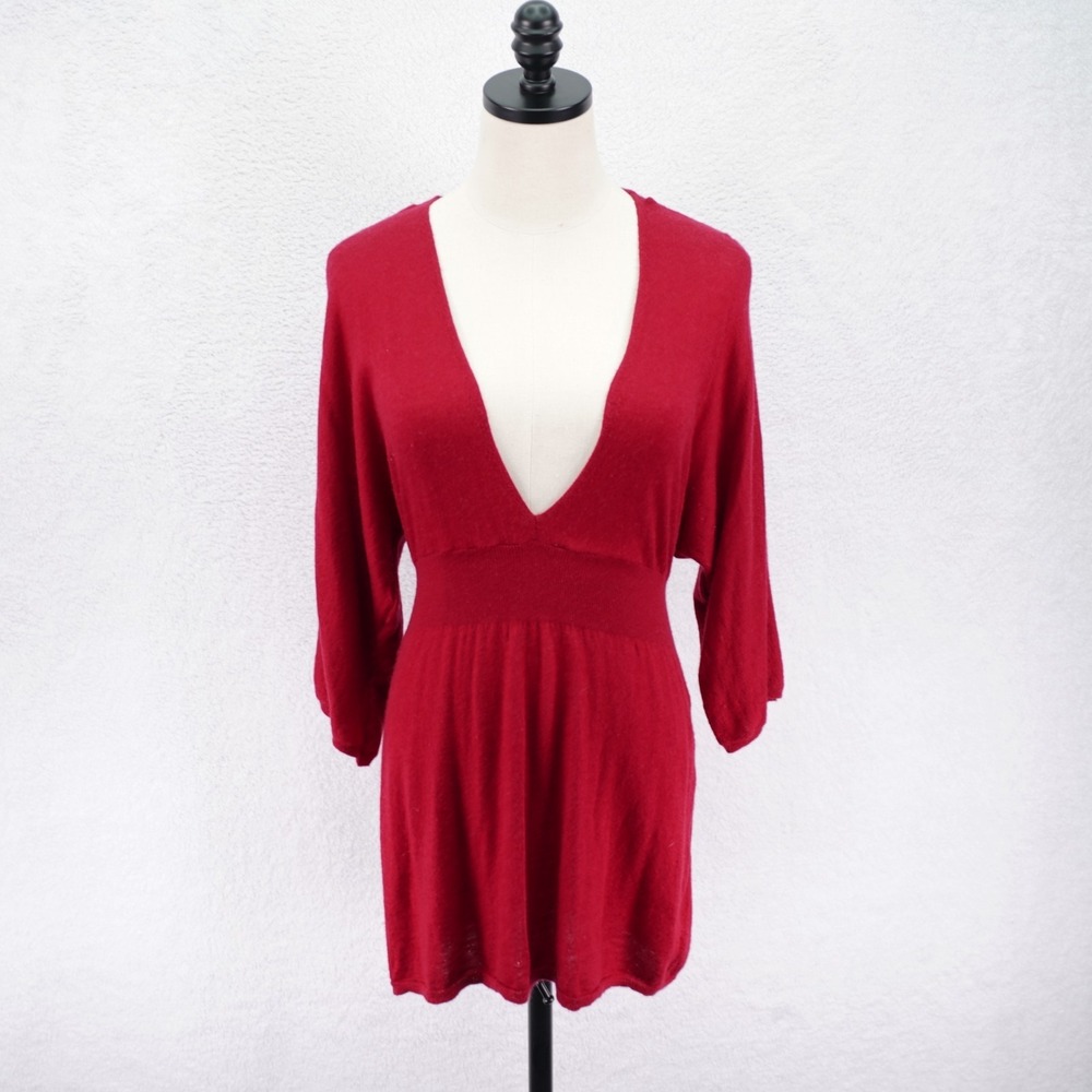 Express Red Knit Sweater Dress Plunging V-Neck Small Cotton Scrunch Waist